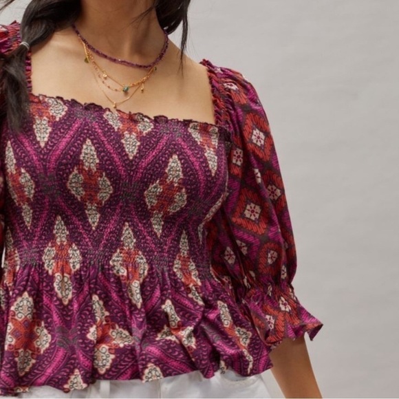 Anthropologie Puff Sleeve Smocked Top - Picture 2 of 8